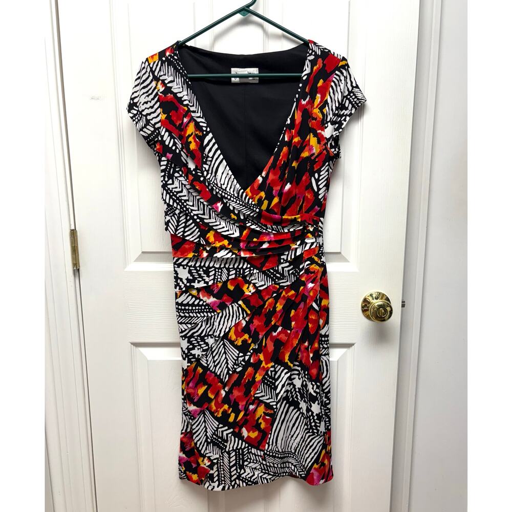 Joseph Ribkoff Dress Abstract Print Faux Wrap V Neck Ruched Multicolor  Size 12